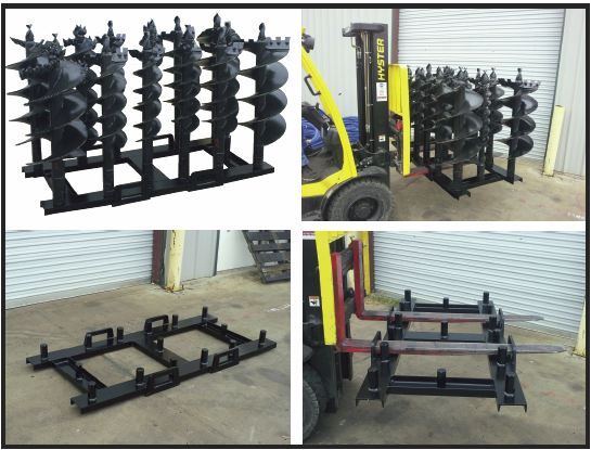 "Forklift auger pallet stores up to 15 augers varied in size up to 18 inch diameter."