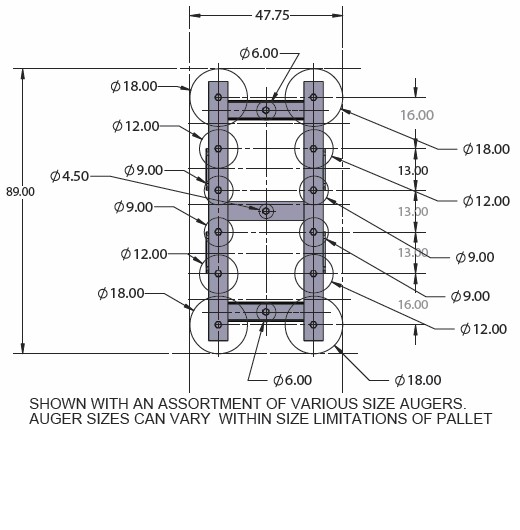 Drawing of various size augers within size limitation of Pallet.